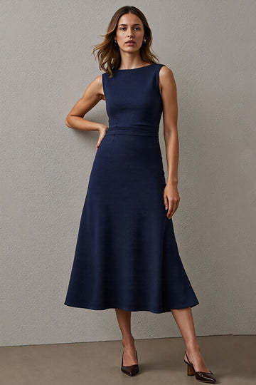 Navy A Line Boat Neck Maxi Work Dress